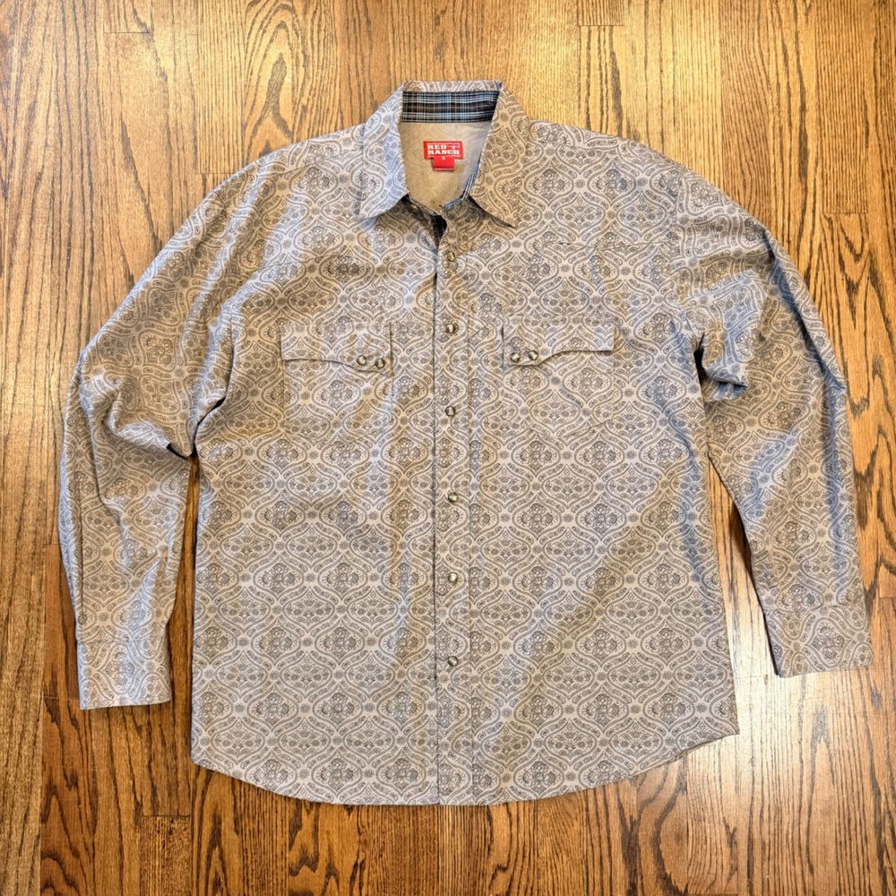 Red Ranch Paisley Pearl Snap Western Shirt‎ XL Tan Grey Damask Long Sleeve